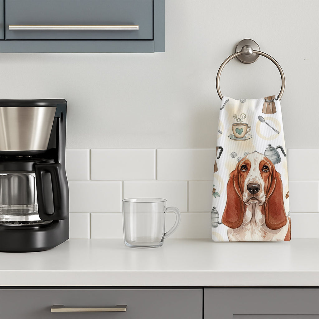 Red and White Basset Hound Coffee Bar Kitchen Towel Velour Plush Front and Cotton Loop Back Machine Washable