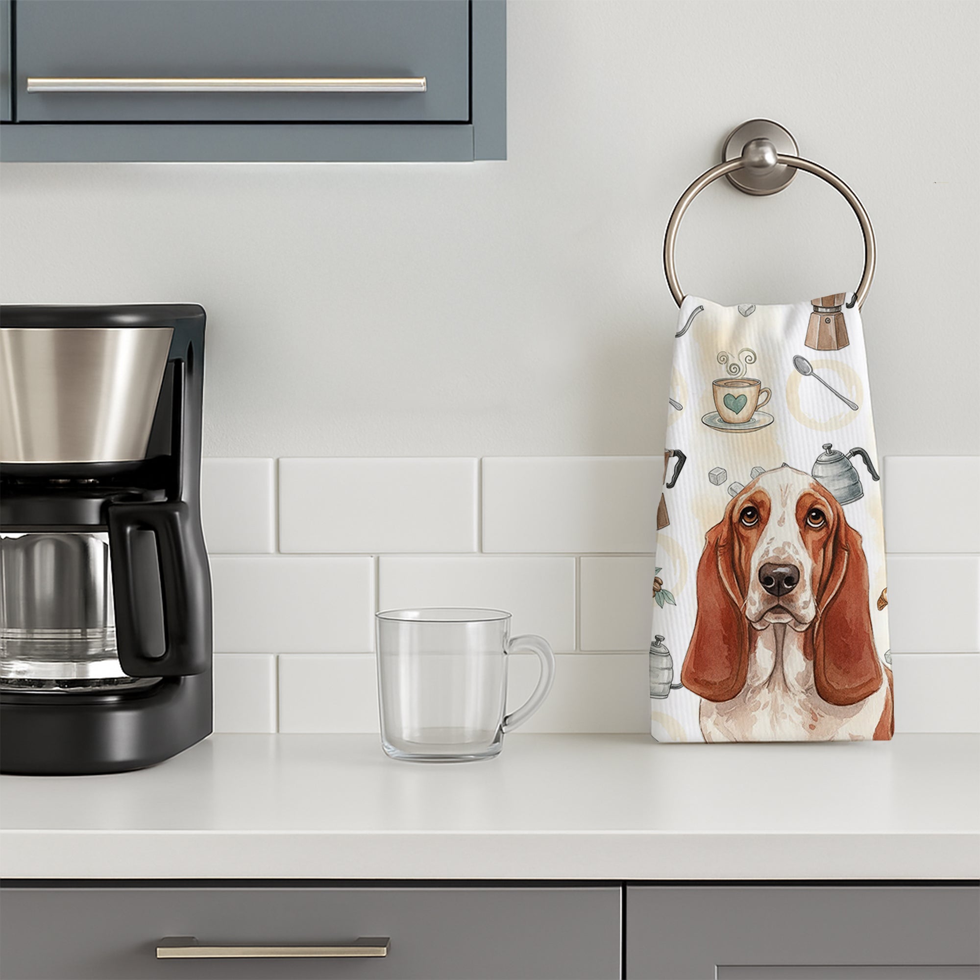 Red and White Basset Hound Coffee Bar Kitchen Towel Velour Plush Front and Cotton Loop Back Machine Washable