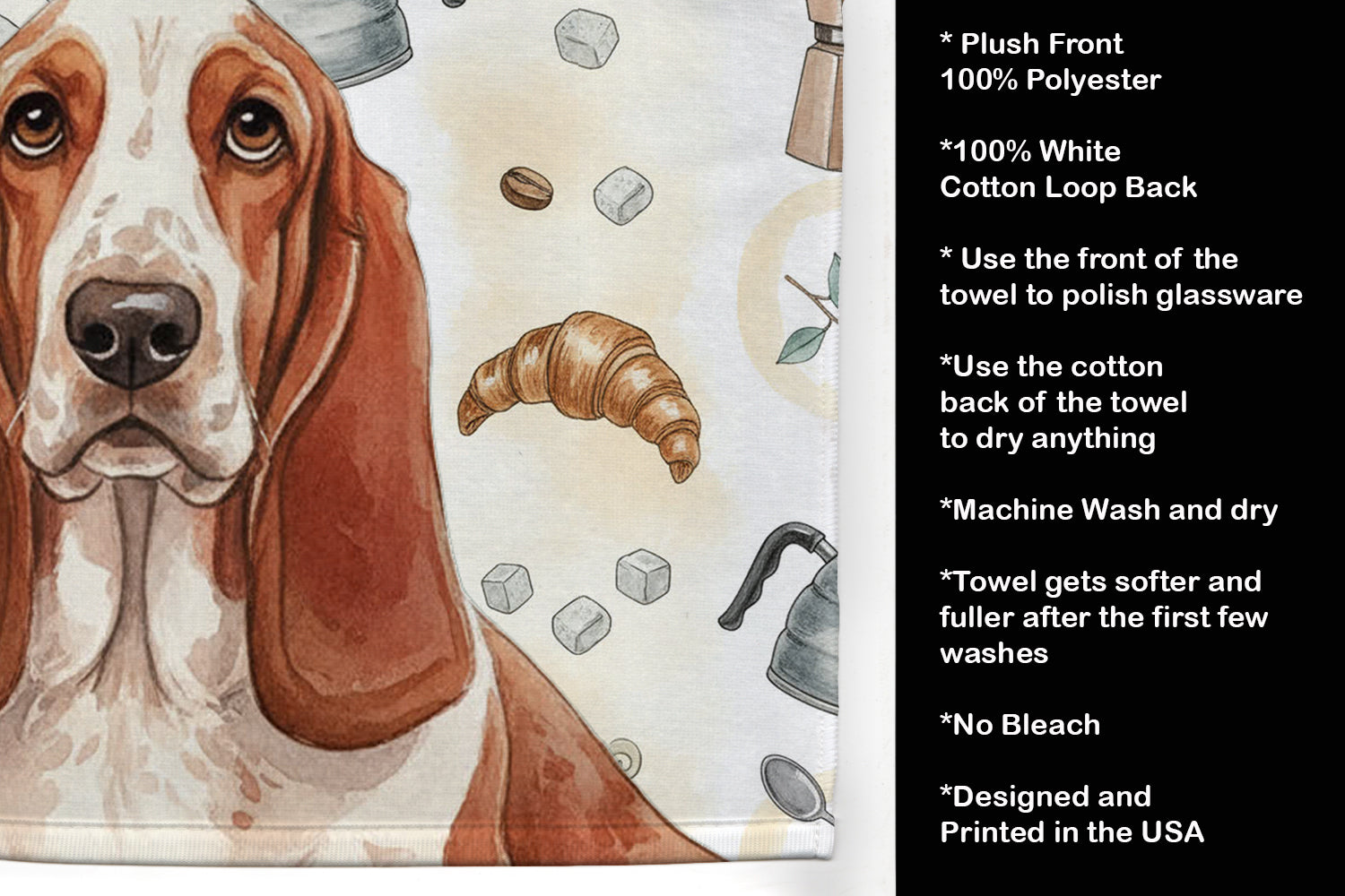 Red and White Basset Hound Coffee Bar Kitchen Towel Velour Plush Front and Cotton Loop Back Machine Washable