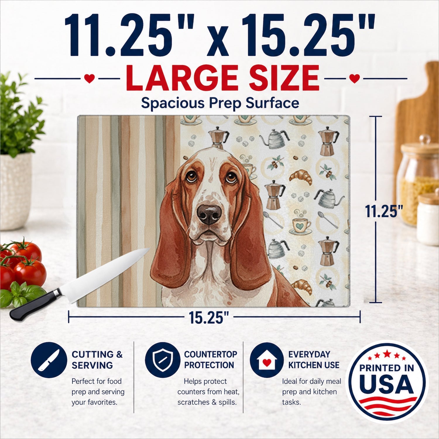 Red and White Basset Hound Coffee Bar Cutting Board Tempered Glass Kitchen Cutting Surface, Heat Resistant Chopping, Non-Slip Feet, Food Prep & Serving