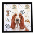 Red and White Basset Hound Coffee Bar Framed Metal Print Bathroom, Kitchen, Office, Home Decor Wall Art Ready to Hang, Square, 8X8