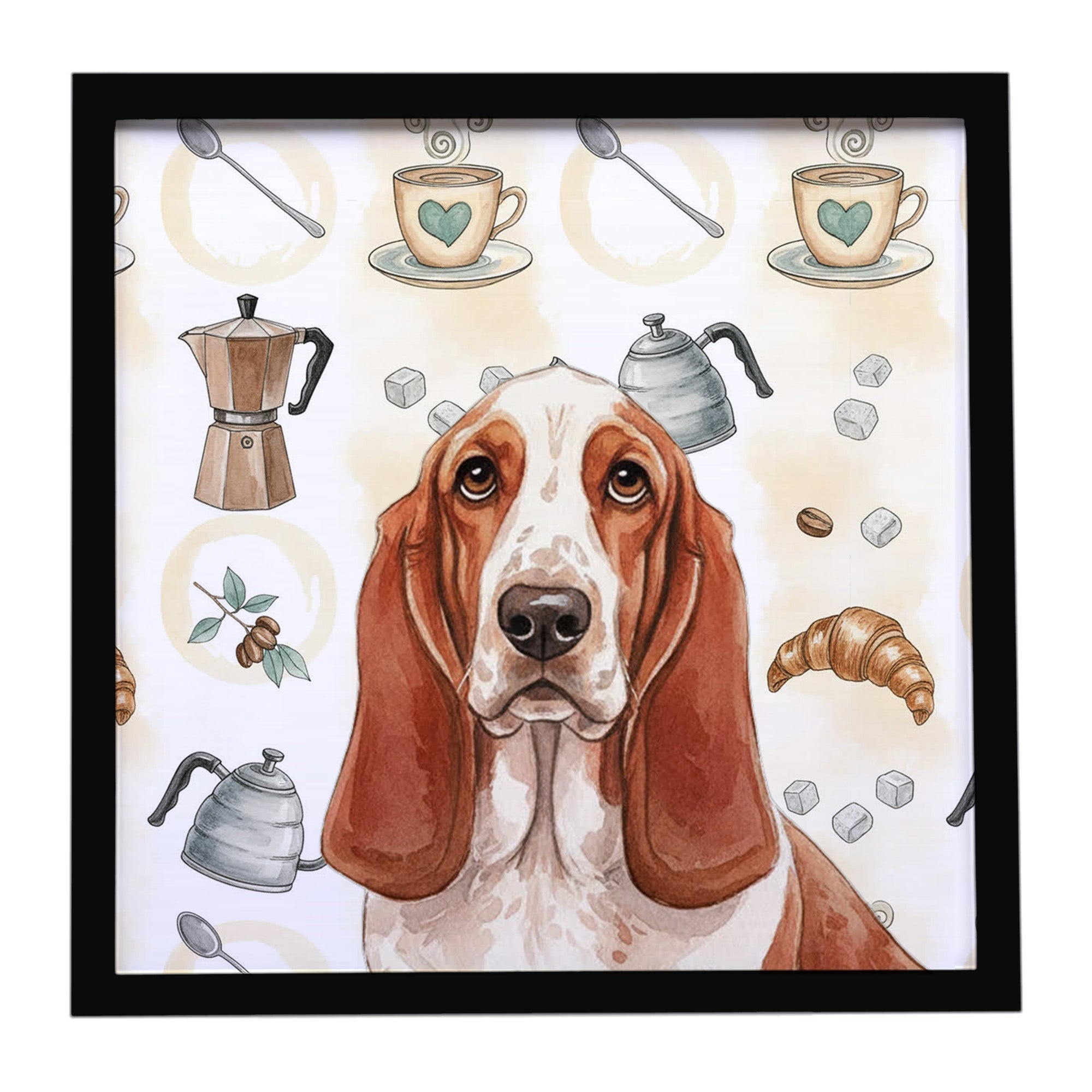 Red and White Basset Hound Coffee Bar Framed Metal Print Bathroom, Kitchen, Office, Home Decor Wall Art Ready to Hang, Square, 8X8