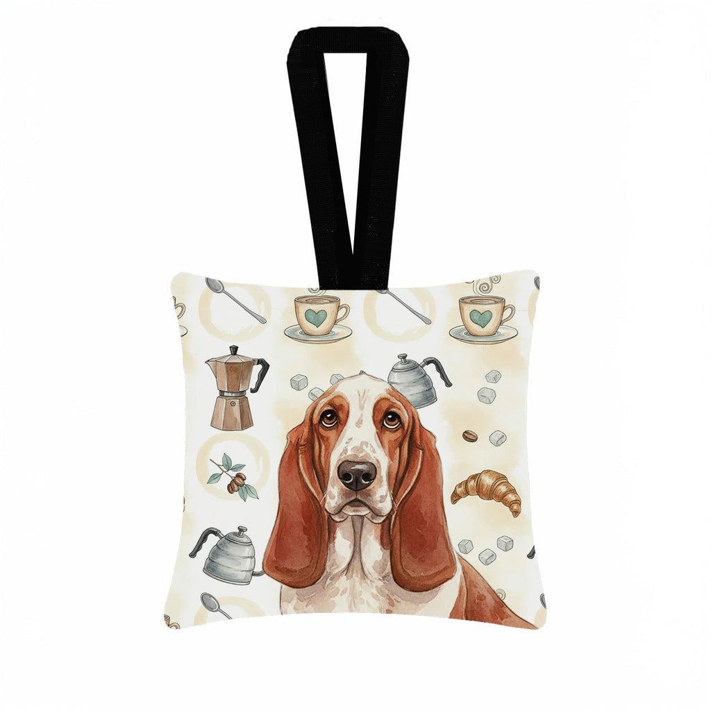 Red and White Basset Hound Coffee Bar Hanging Square Fabric Ornament 3.5 � 3.5 Decorative Door-Knob & Tree Hanger, Soft Fabric