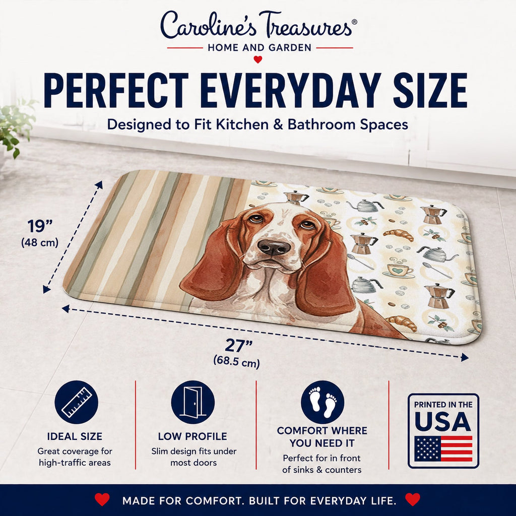 Red and White Basset Hound Coffee Bar Memory Foam Kitchen Mat Machine Washable Anti-Fatigue Cushion Comfort Bath or Kitchen Rug