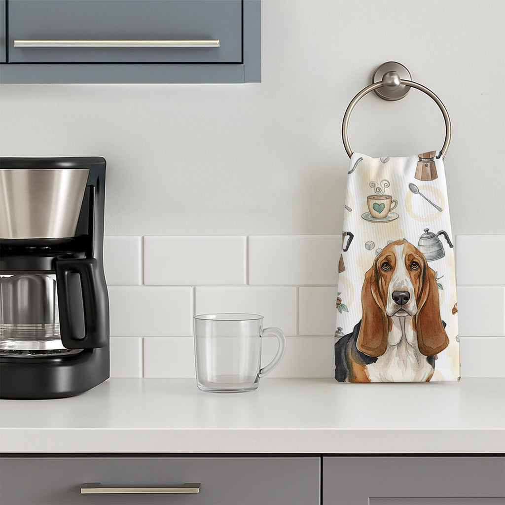 Tricolor and White Basset Hound Coffee Bar Kitchen Towel Velour Plush Front and Cotton Loop Back Machine Washable