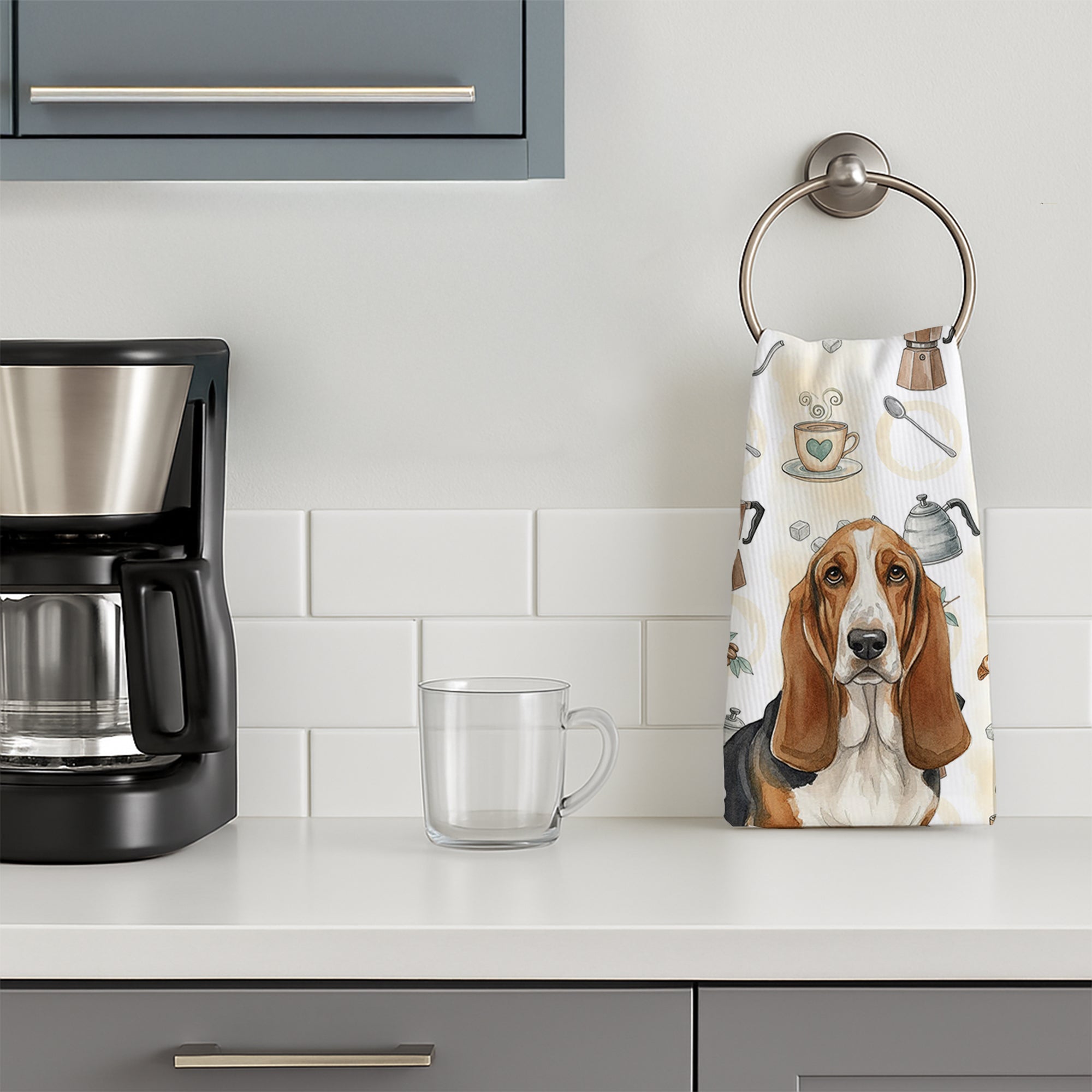Tricolor and White Basset Hound Coffee Bar Kitchen Towel Velour Plush Front and Cotton Loop Back Machine Washable