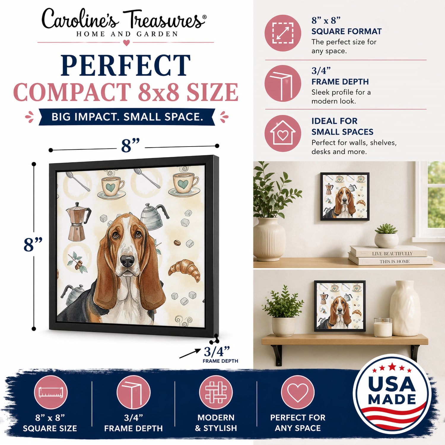 Tricolor and White Basset Hound Coffee Bar Framed Metal Print Bathroom, Kitchen, Office, Home Decor Wall Art Ready to Hang, Square, 8X8