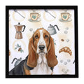 Tricolor and White Basset Hound Coffee Bar Framed Metal Print Bathroom, Kitchen, Office, Home Decor Wall Art Ready to Hang, Square, 8X8