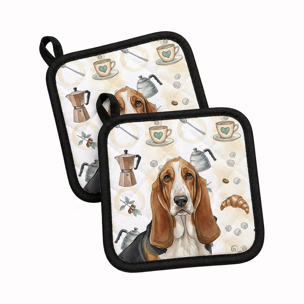 Tricolor and White Basset Hound Coffee Bar Pot Holder Set of 2 Heat Resistant Quilted Hot Pads 7.5 x 7.5 Inch, Insulated Kitchen Trivets for Cooking & Baking