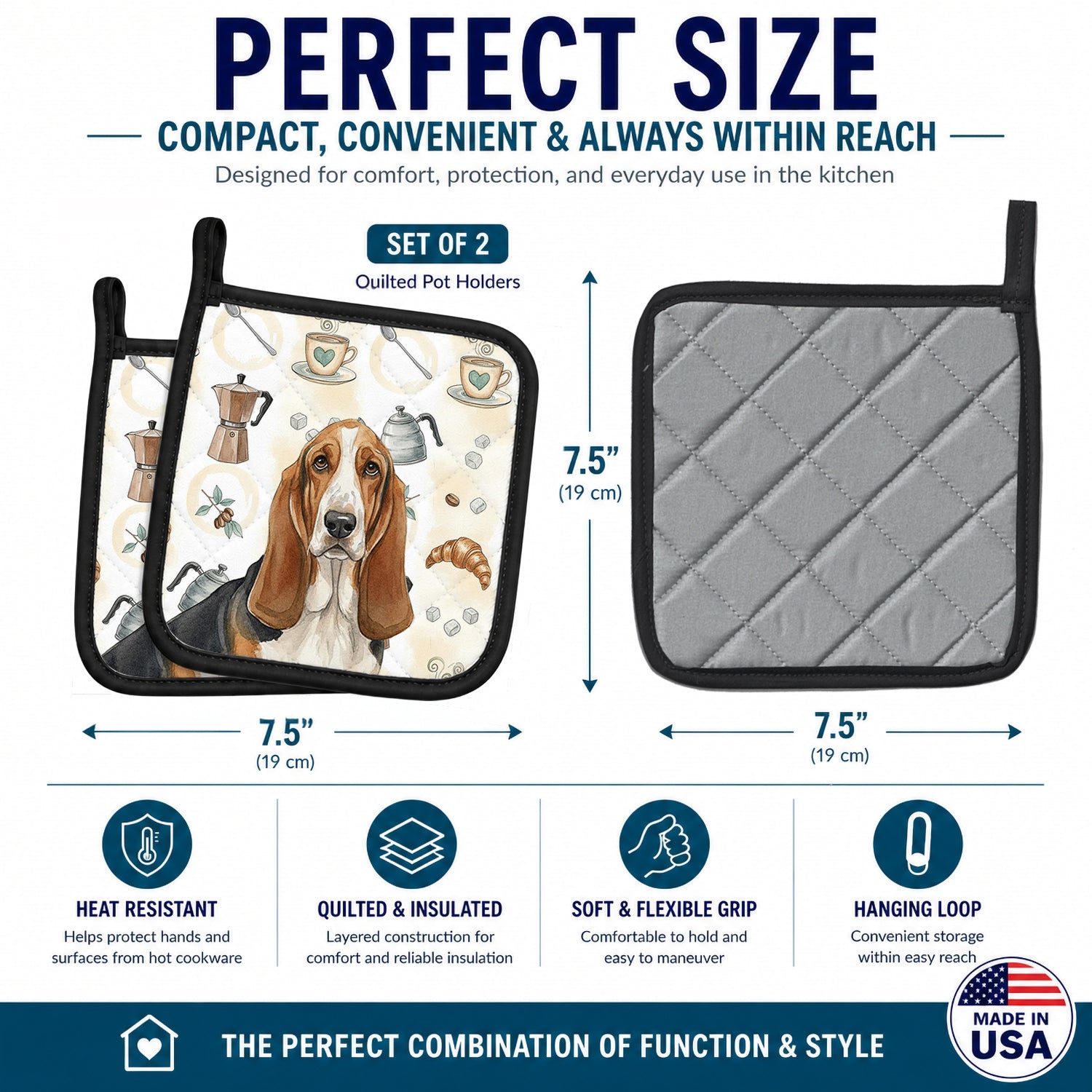 Tricolor and White Basset Hound Coffee Bar Pot Holder Set of 2 Heat Resistant Quilted Hot Pads 7.5 x 7.5 Inch, Insulated Kitchen Trivets for Cooking & Baking