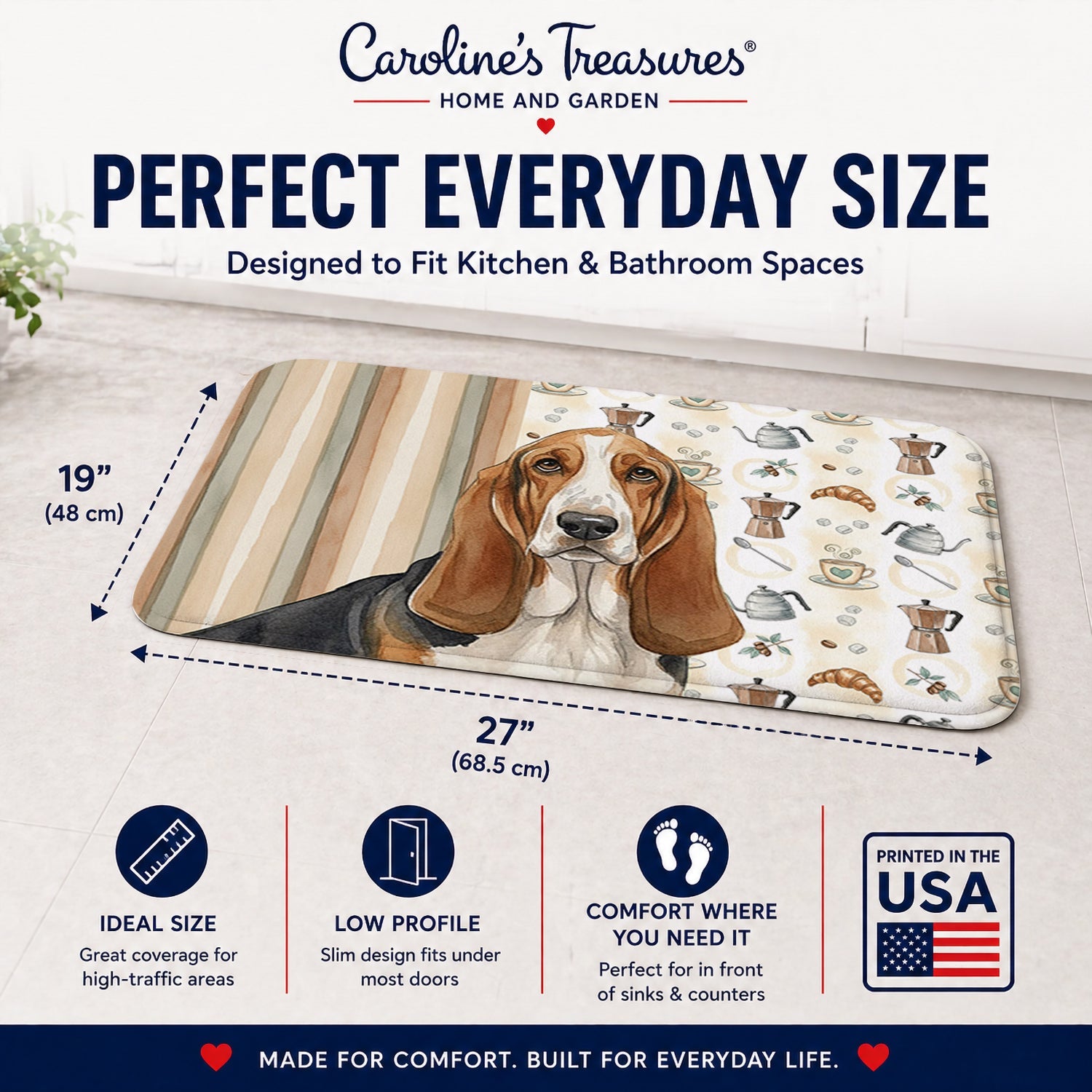 Tricolor and White Basset Hound Coffee Bar Memory Foam Kitchen Mat Machine Washable Anti-Fatigue Cushion Comfort Bath or Kitchen Rug