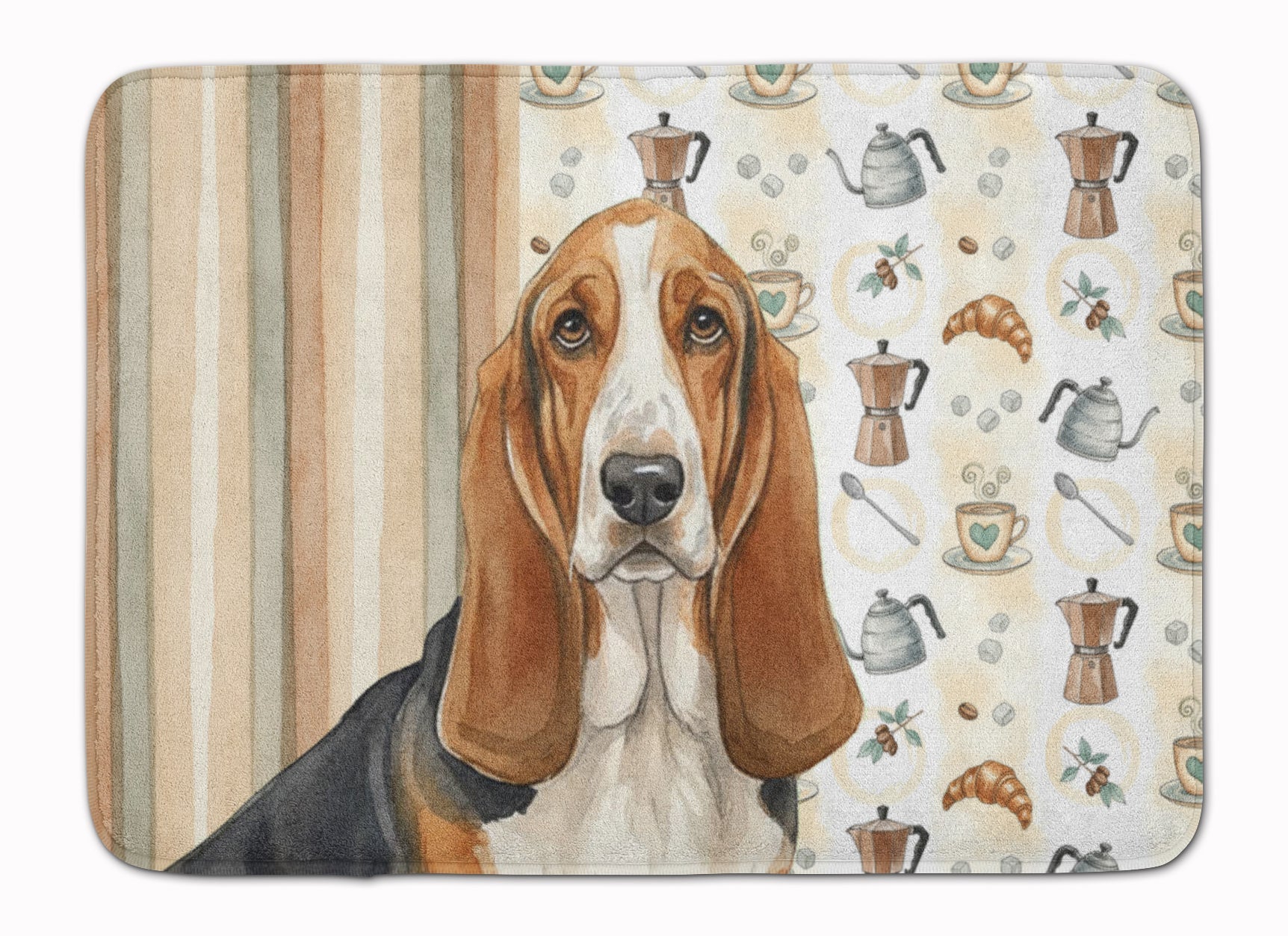 Tricolor and White Basset Hound Coffee Bar Memory Foam Kitchen Mat Machine Washable Anti-Fatigue Cushion Comfort Bath or Kitchen Rug