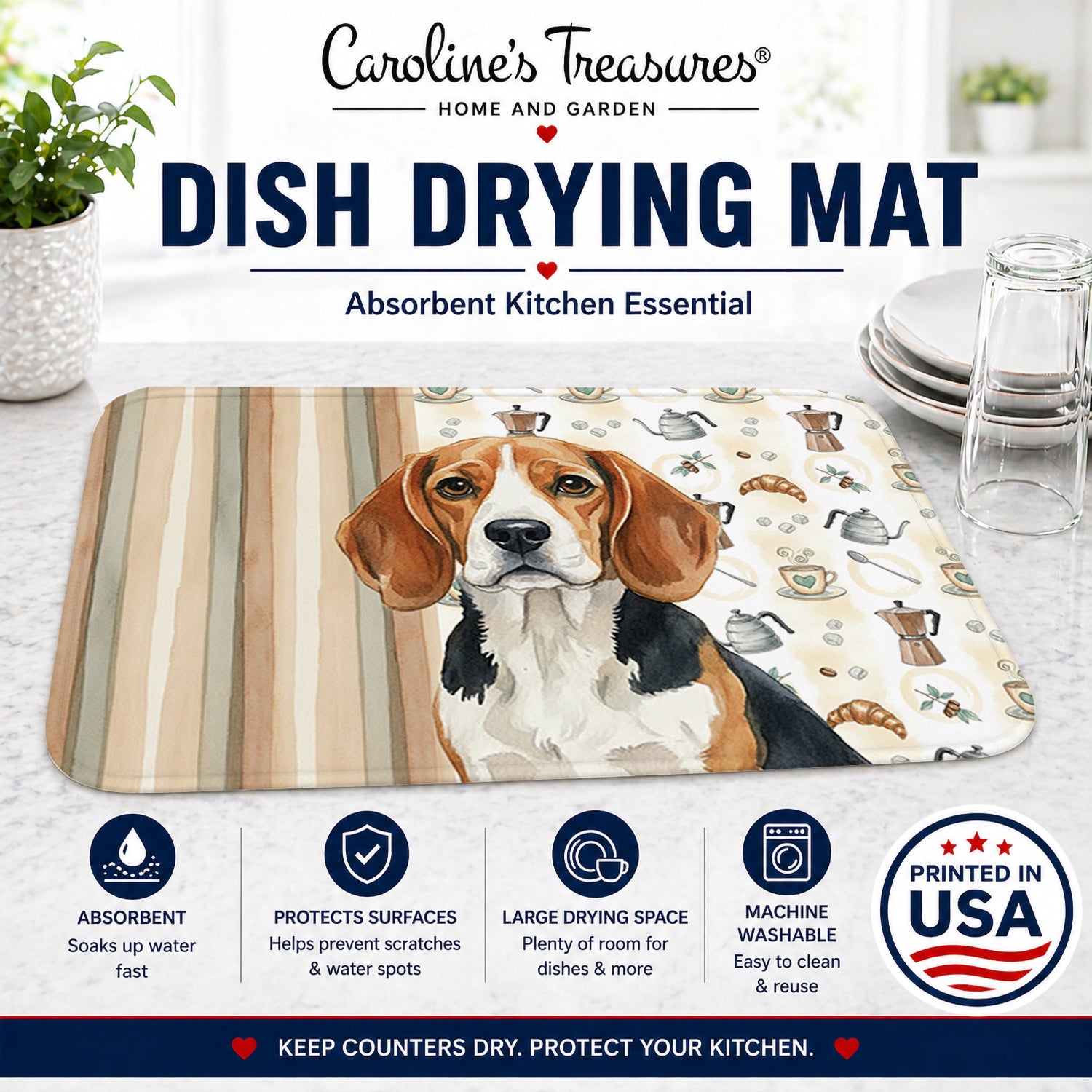 Beagle Coffee Bar Dish Drying Mat Absorbent Dish Drying Mat Pad for Kitchen Counter Dish Drainer Mat for Countertop, 14 x 21", Multicolor