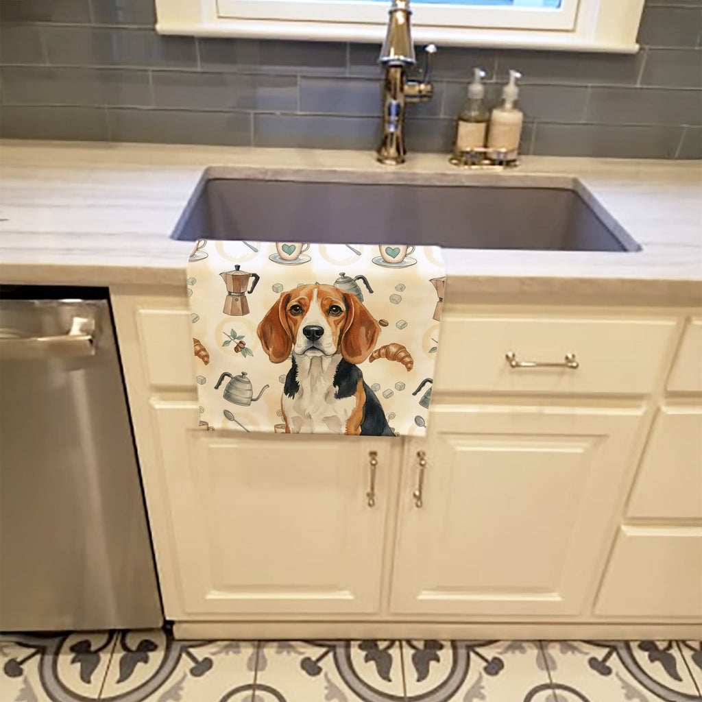 Beagle Coffee Bar Kitchen Towel Velour Plush Front and Cotton Loop Back Machine Washable
