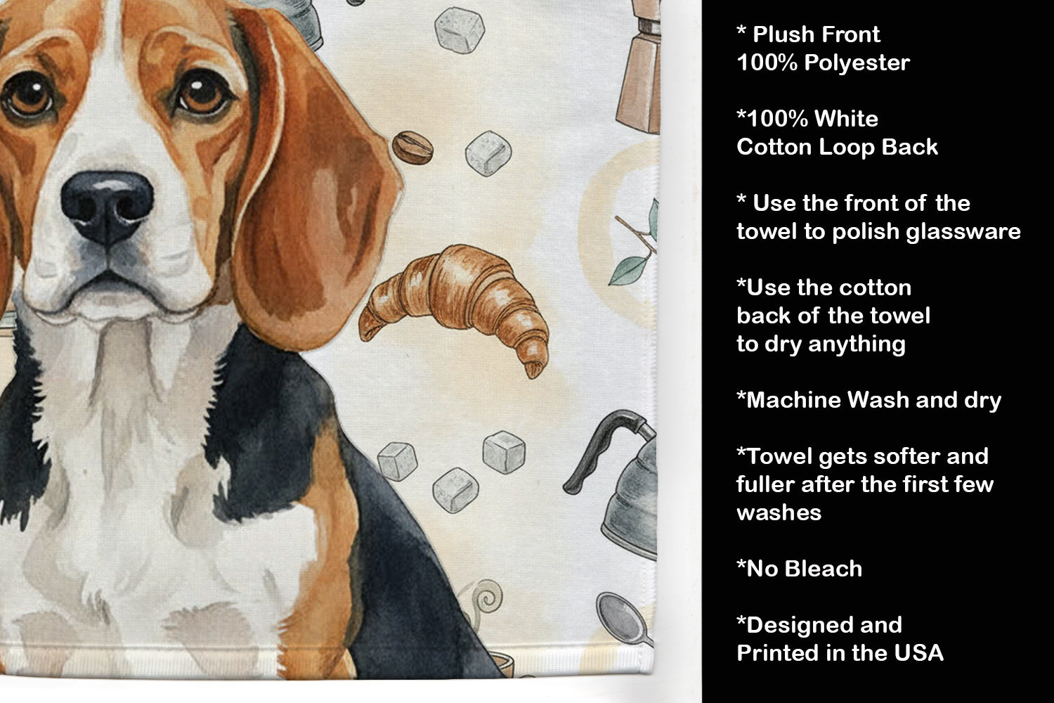 Beagle Coffee Bar Kitchen Towel Velour Plush Front and Cotton Loop Back Machine Washable