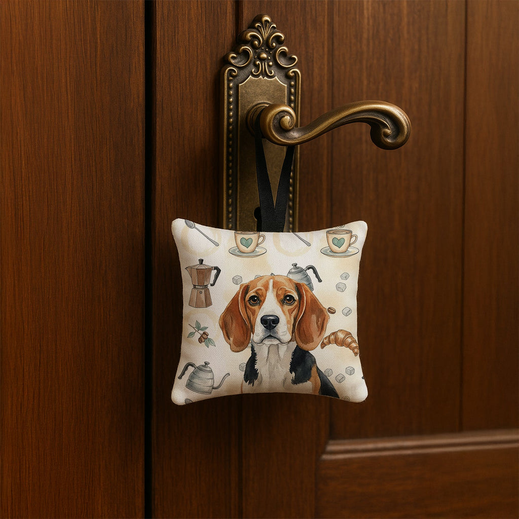 Beagle Coffee Bar Hanging Square Fabric Ornament 3.5 � 3.5 Decorative Door-Knob & Tree Hanger, Soft Fabric