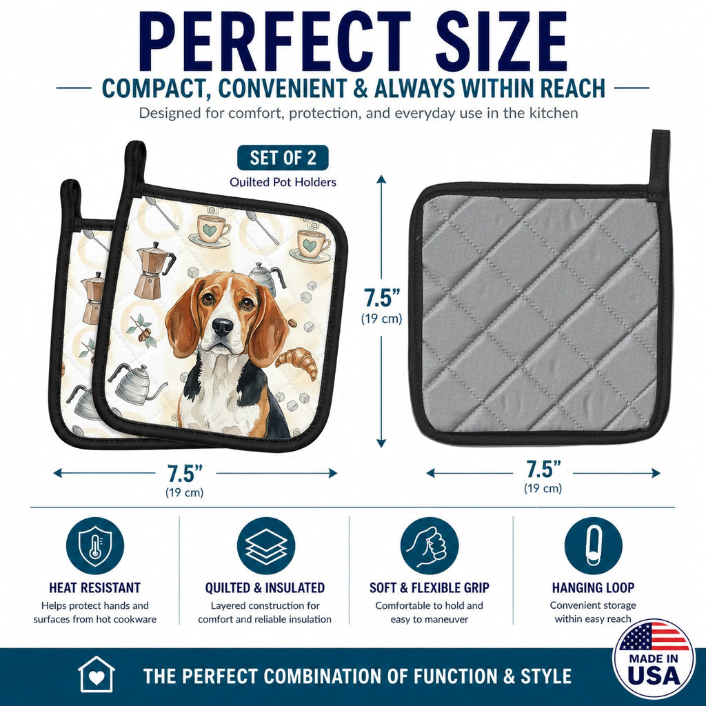 Beagle Coffee Bar Pot Holder Set of 2 Heat Resistant Quilted Hot Pads 7.5 x 7.5 Inch, Insulated Kitchen Trivets for Cooking & Baking