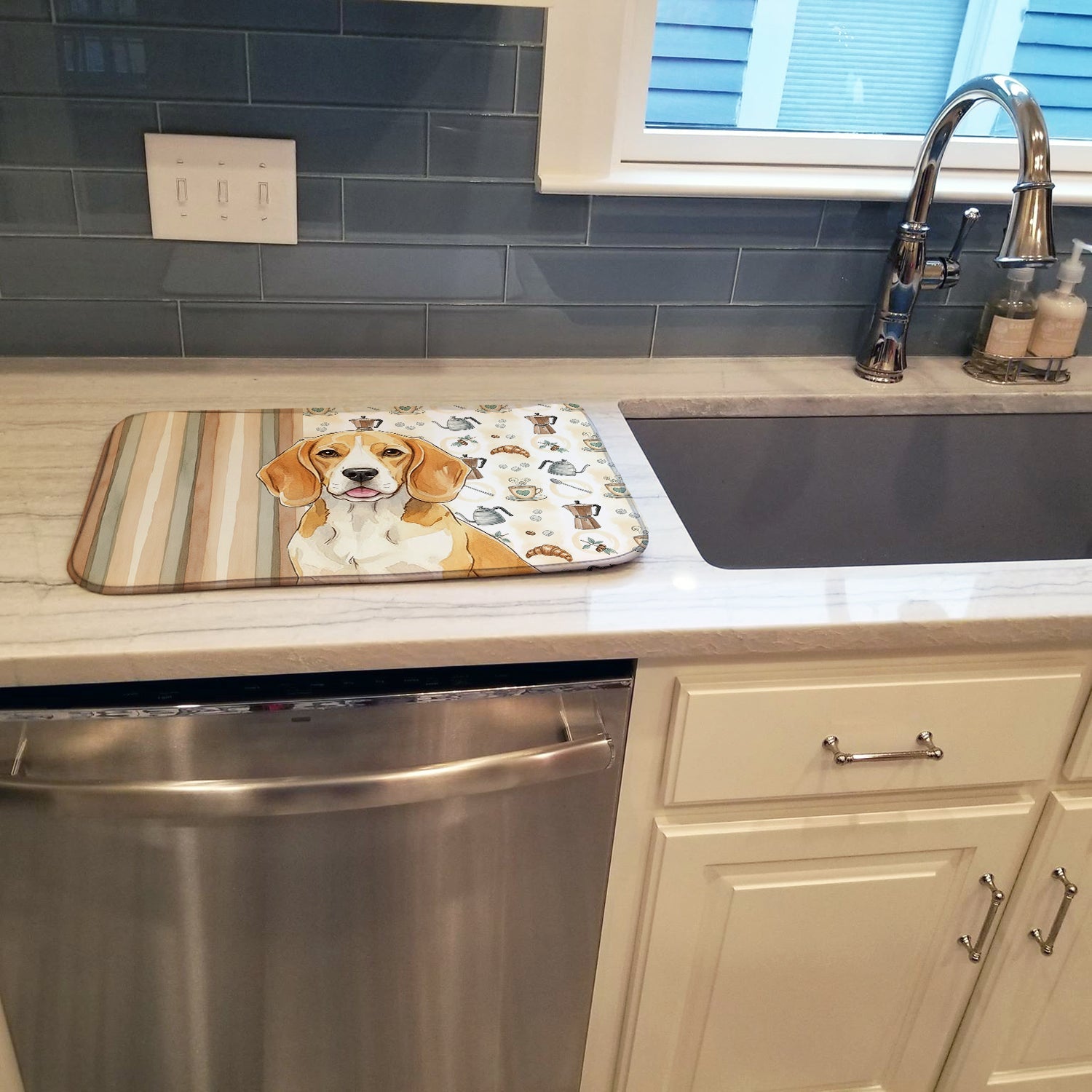 Lemon and White Beagle Coffee Bar Dish Drying Mat Absorbent Dish Drying Mat Pad for Kitchen Counter Dish Drainer Mat for Countertop, 14 x 21", Multicolor