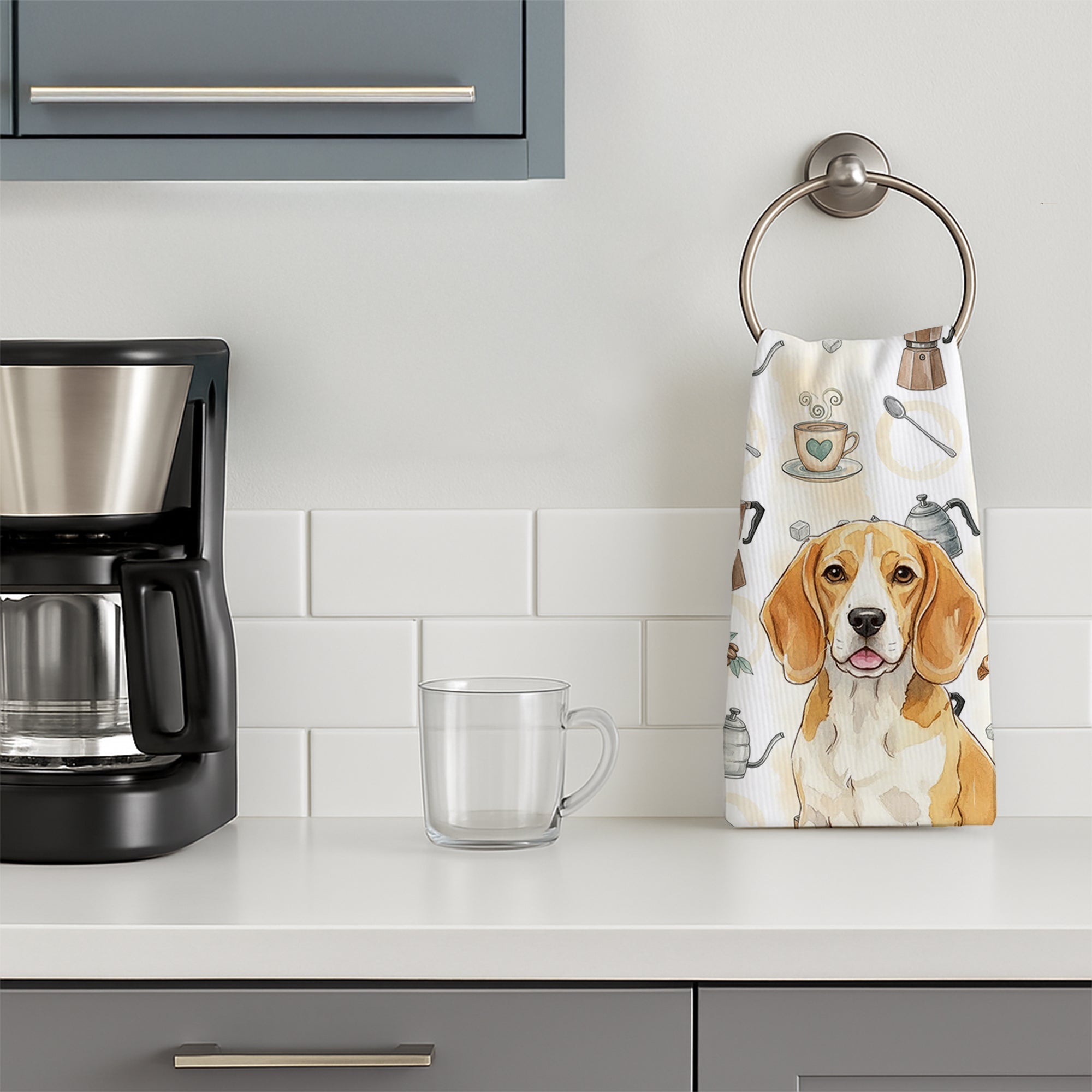 Lemon and White Beagle Coffee Bar Kitchen Towel Velour Plush Front and Cotton Loop Back Machine Washable