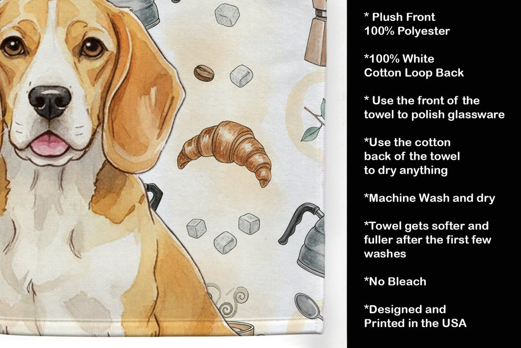 Lemon and White Beagle Coffee Bar Kitchen Towel Velour Plush Front and Cotton Loop Back Machine Washable
