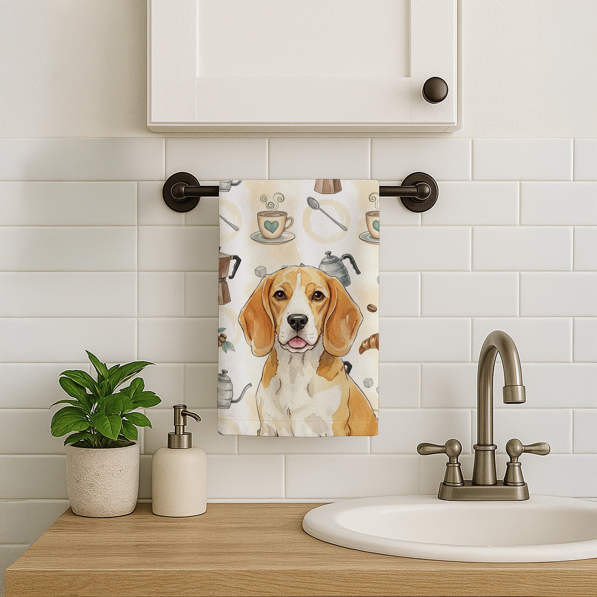 Lemon and White Beagle Coffee Bar Kitchen Towel Velour Plush Front and Cotton Loop Back Machine Washable