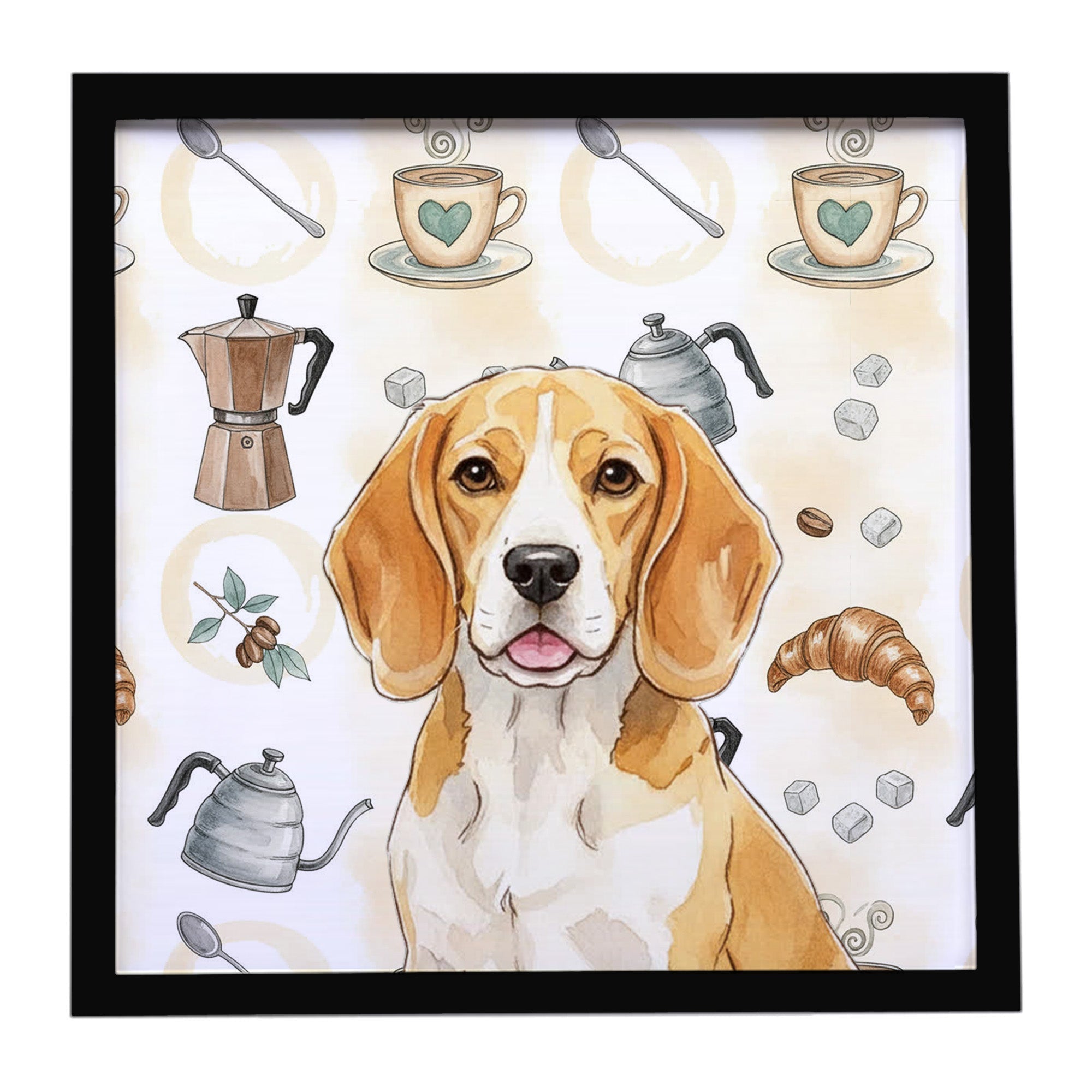 Lemon and White Beagle Coffee Bar Framed Metal Print Bathroom, Kitchen, Office, Home Decor Wall Art Ready to Hang, Square, 8X8