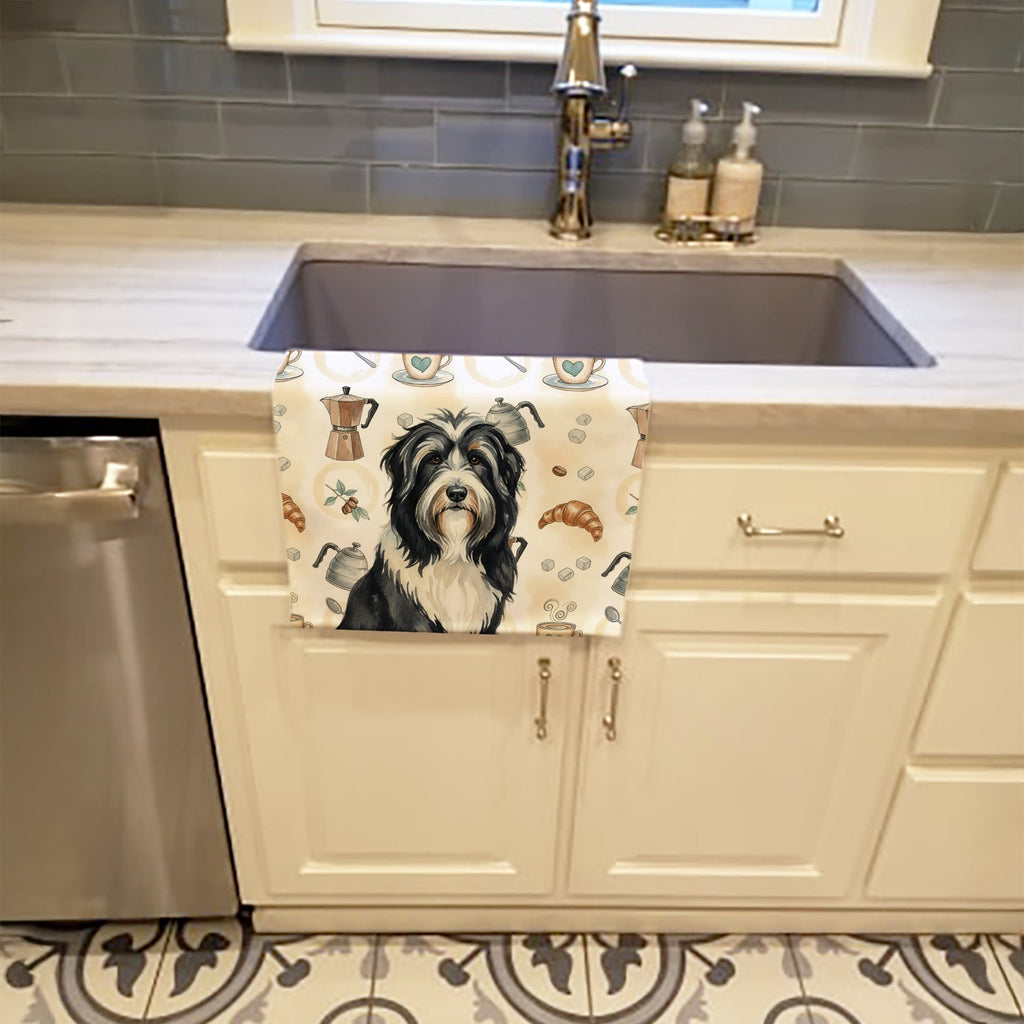 Black Bearded Collie Coffee Bar Kitchen Towel Velour Plush Front and Cotton Loop Back Machine Washable