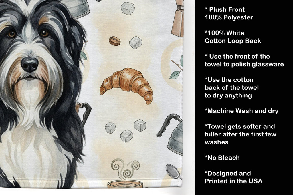 Black Bearded Collie Coffee Bar Kitchen Towel Velour Plush Front and Cotton Loop Back Machine Washable