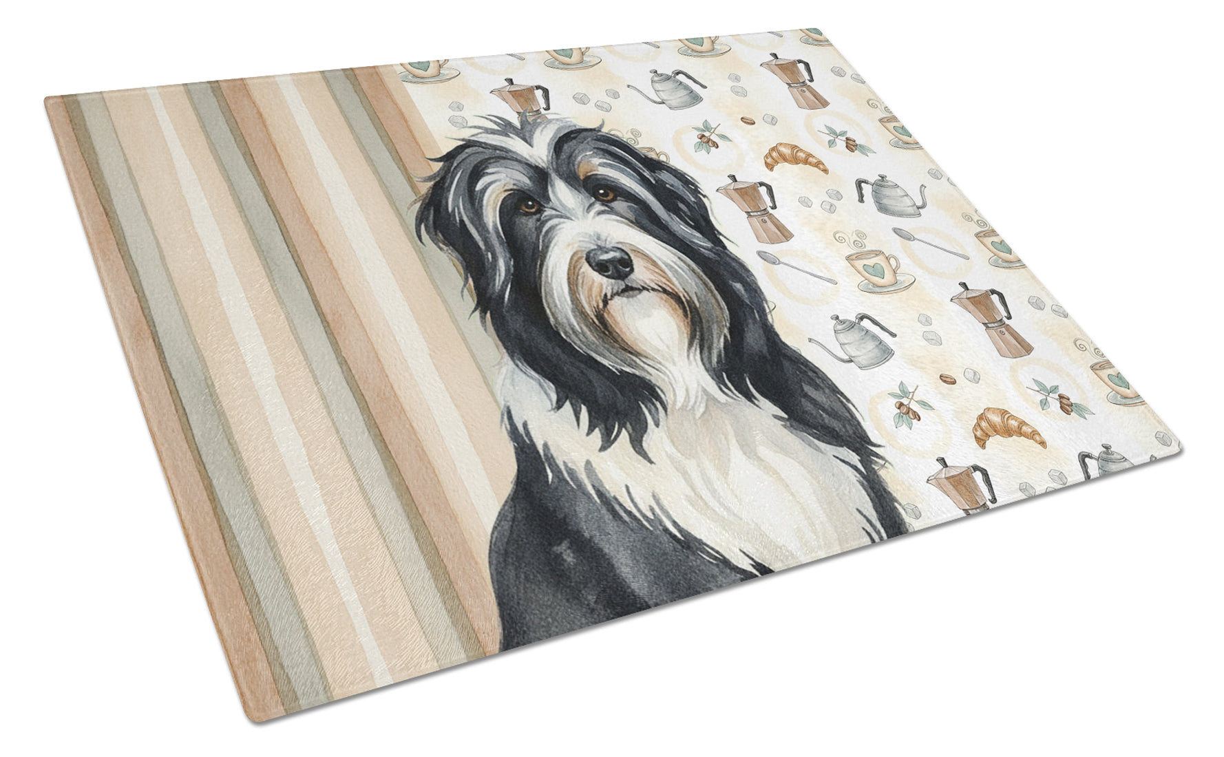 Black Bearded Collie Coffee Bar Cutting Board Tempered Glass Kitchen Cutting Surface, Heat Resistant Chopping, Non-Slip Feet, Food Prep & Serving