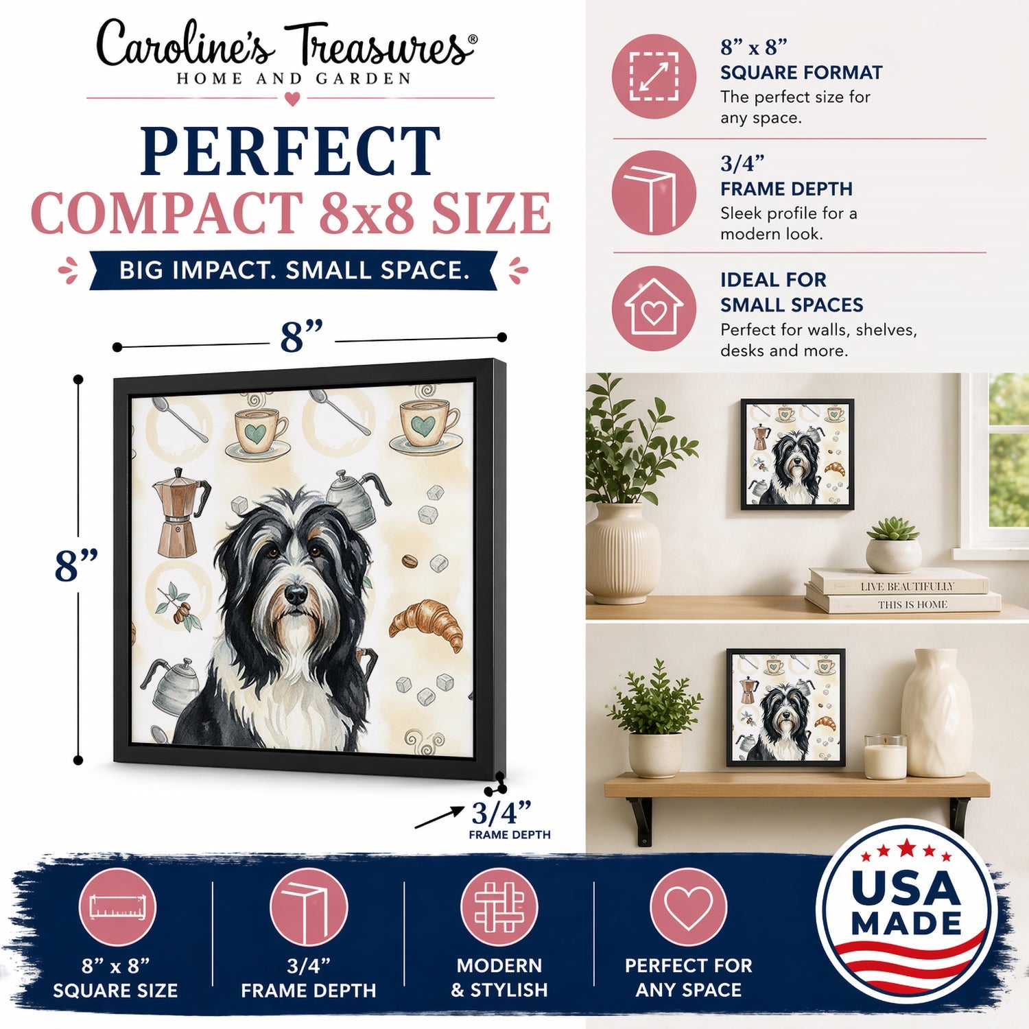 Black Bearded Collie Coffee Bar Framed Metal Print Bathroom, Kitchen, Office, Home Decor Wall Art Ready to Hang, Square, 8X8