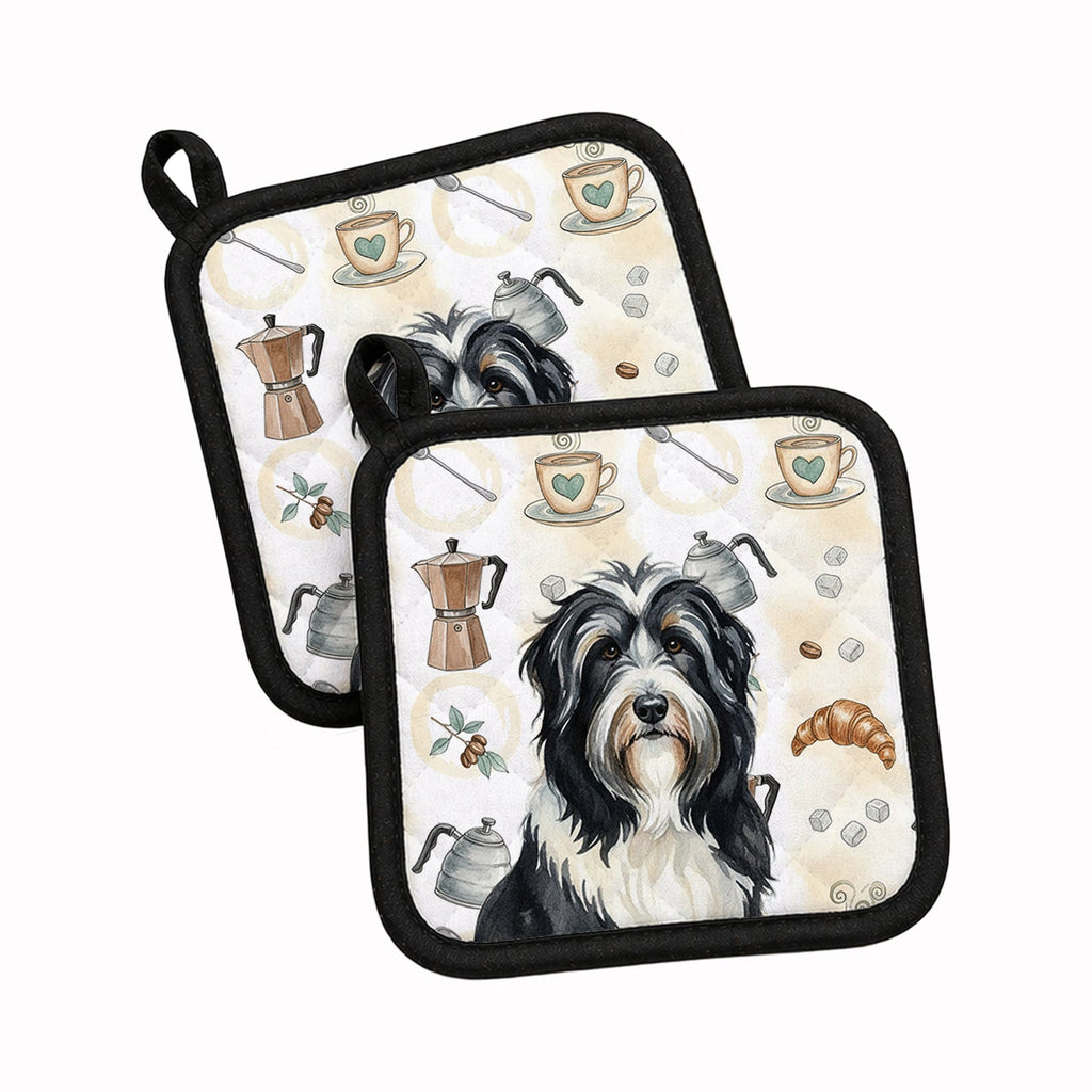 Black Bearded Collie Coffee Bar Pot Holder Set of 2 Heat Resistant Quilted Hot Pads 7.5 x 7.5 Inch, Insulated Kitchen Trivets for Cooking & Baking