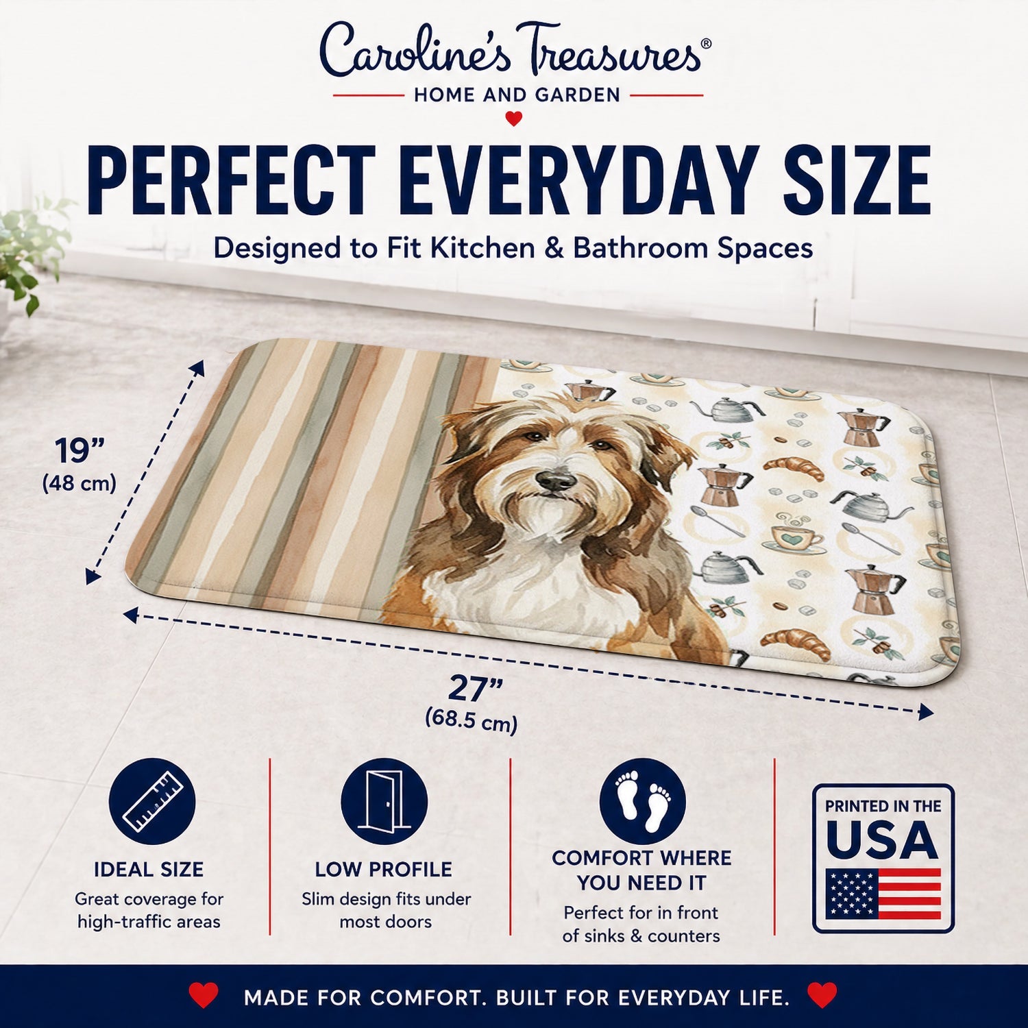 Brown Bearded Collie Coffee Bar Memory Foam Kitchen Mat Machine Washable Anti-Fatigue Cushion Comfort Bath or Kitchen Rug
