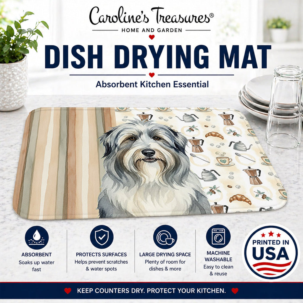 Bearded Collie Coffee Bar Dish Drying Mat Absorbent Dish Drying Mat Pad for Kitchen Counter Dish Drainer Mat for Countertop, 14 x 21", Multicolor