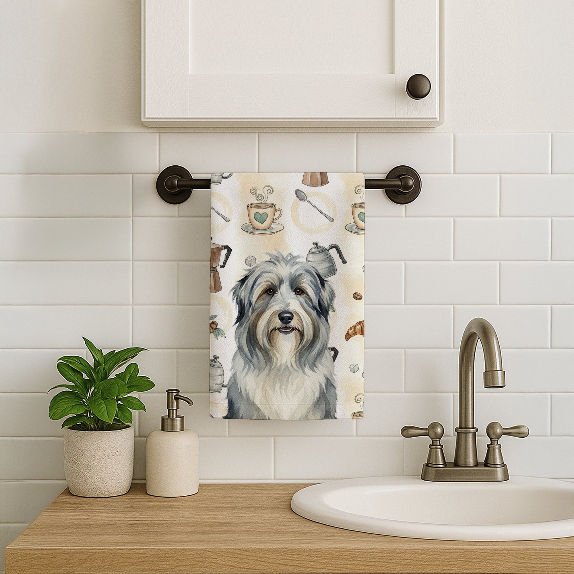 Bearded Collie Coffee Bar Kitchen Towel Velour Plush Front and Cotton Loop Back Machine Washable
