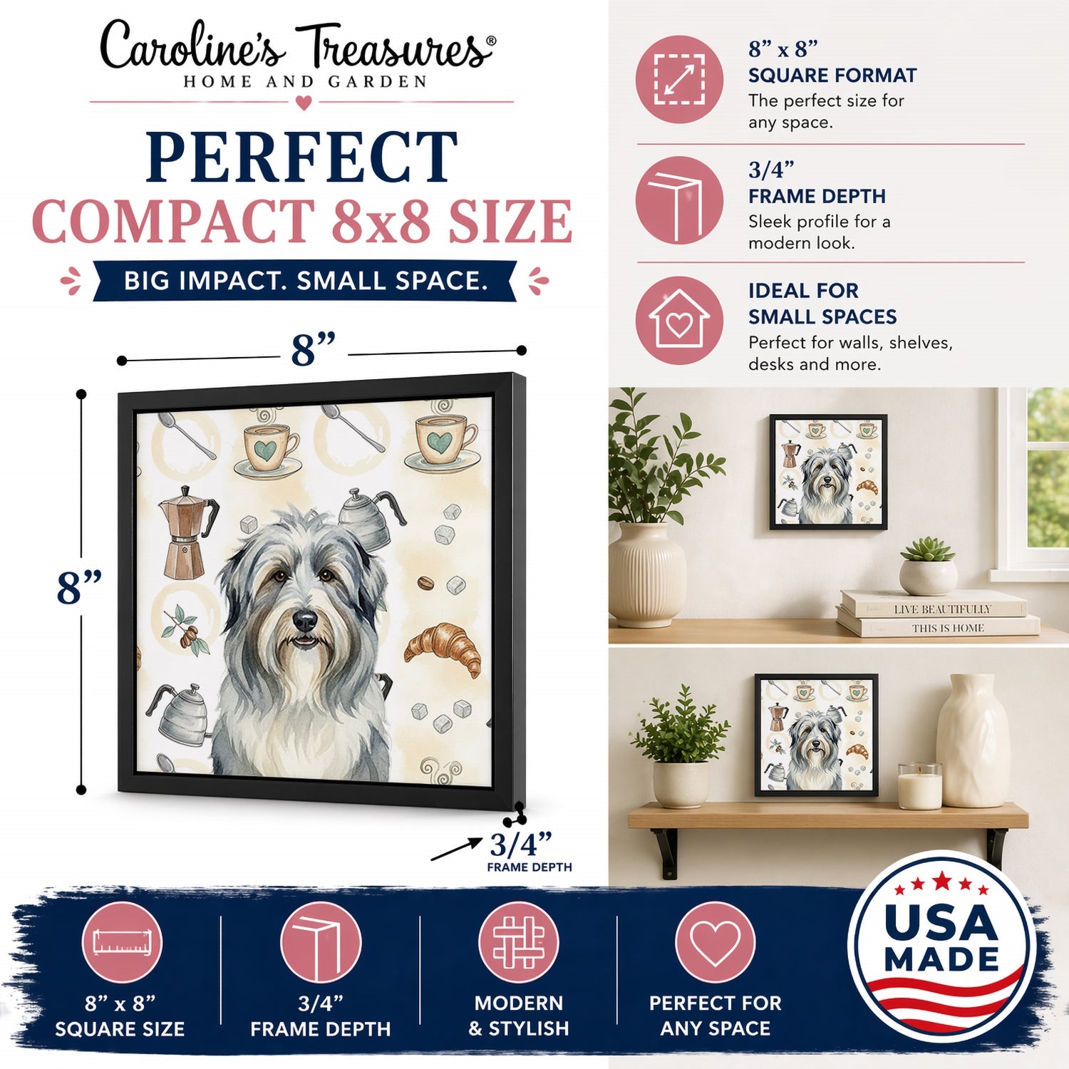 Bearded Collie Coffee Bar Framed Metal Print Bathroom, Kitchen, Office, Home Decor Wall Art Ready to Hang, Square, 8X8