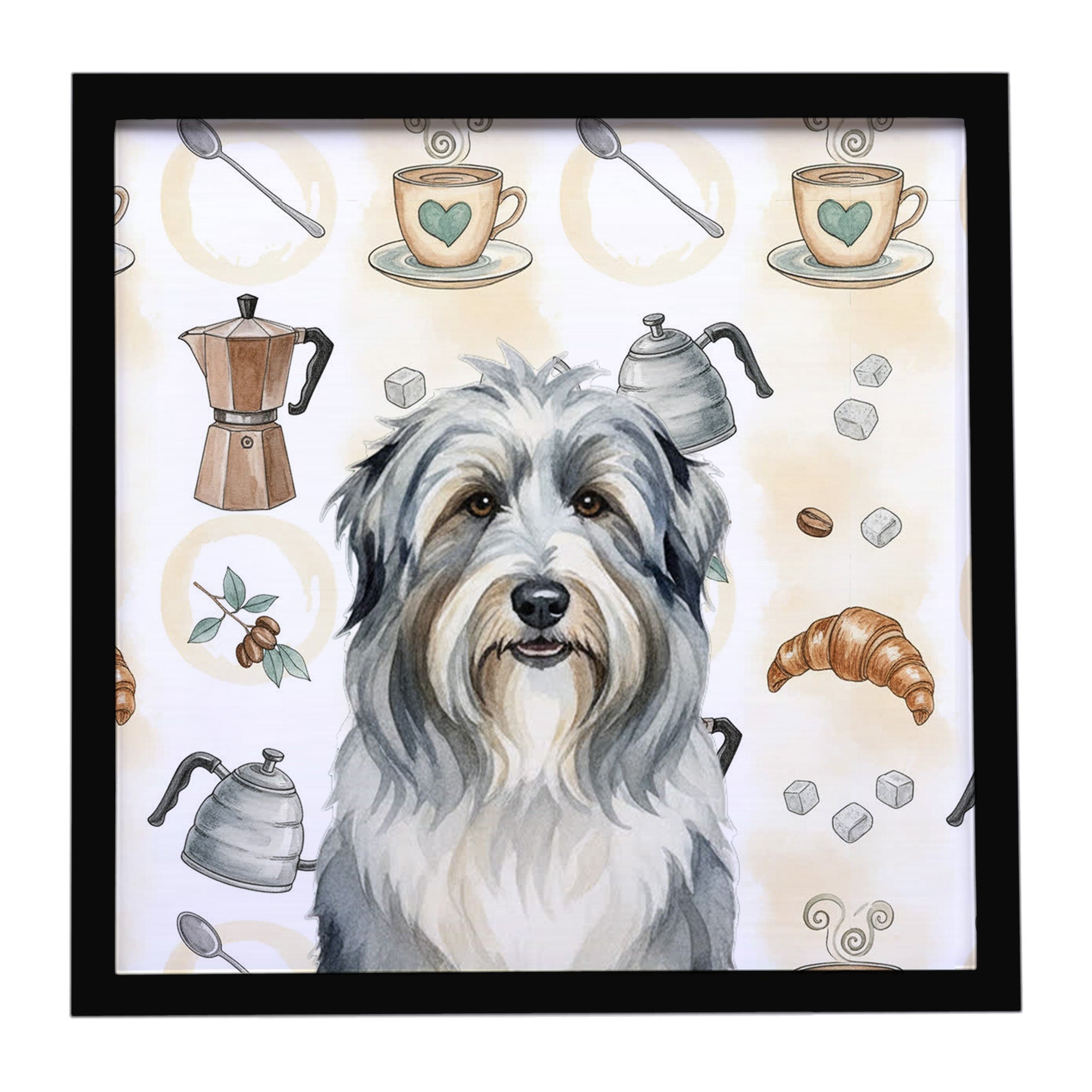 Bearded Collie Coffee Bar Framed Metal Print Bathroom, Kitchen, Office, Home Decor Wall Art Ready to Hang, Square, 8X8