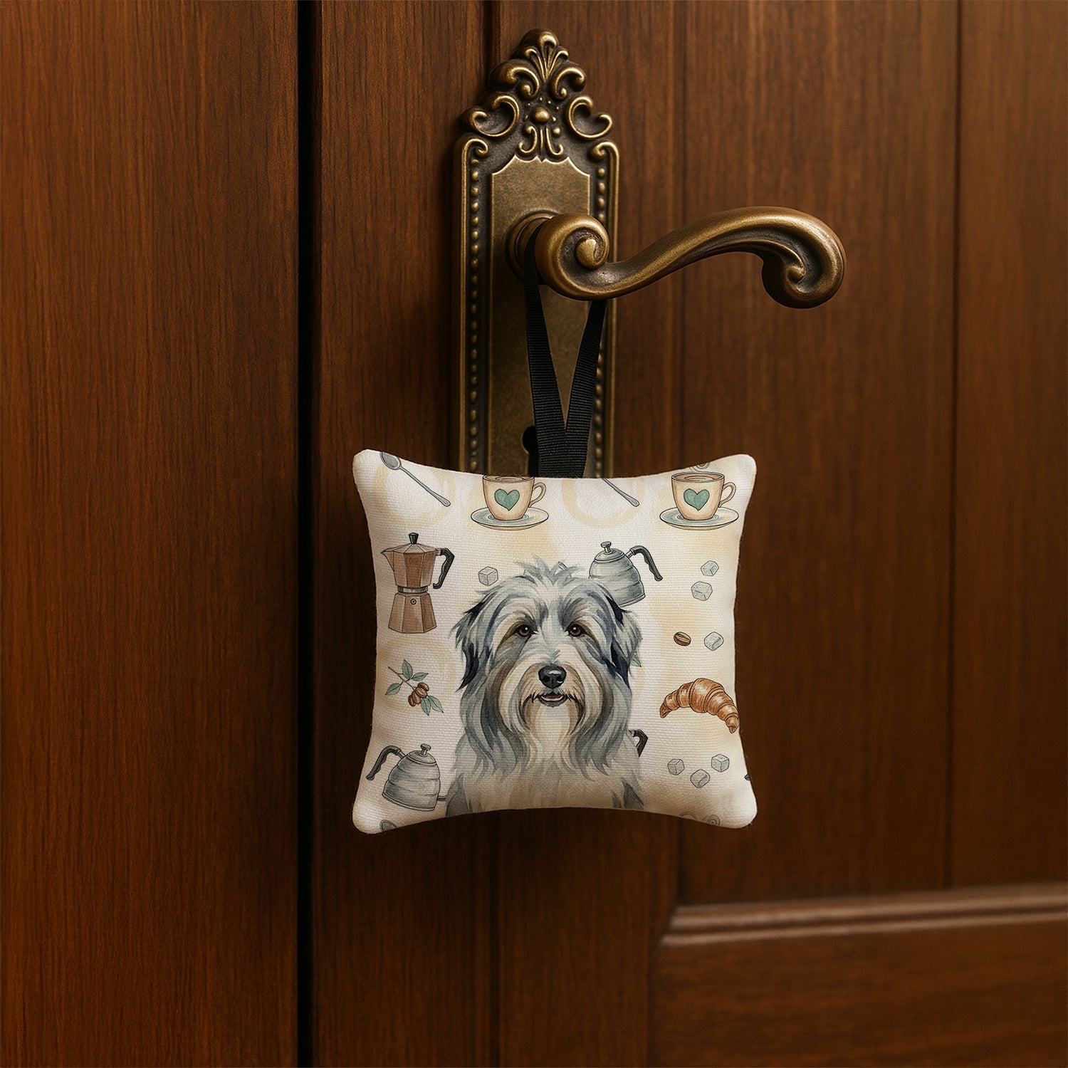 Bearded Collie Coffee Bar Hanging Square Fabric Ornament 3.5 � 3.5 Decorative Door-Knob & Tree Hanger, Soft Fabric
