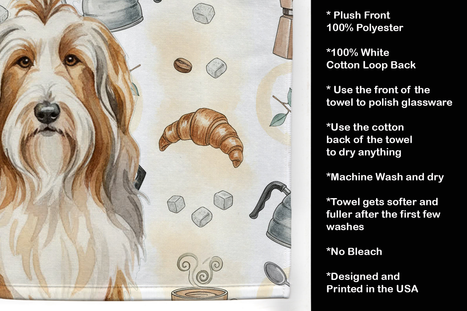 Fawn Bearded Collie Coffee Bar Kitchen Towel Velour Plush Front and Cotton Loop Back Machine Washable