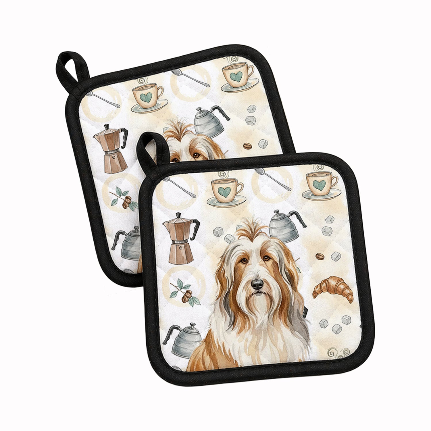 Fawn Bearded Collie Coffee Bar Pot Holder Set of 2 Heat Resistant Quilted Hot Pads 7.5 x 7.5 Inch, Insulated Kitchen Trivets for Cooking & Baking