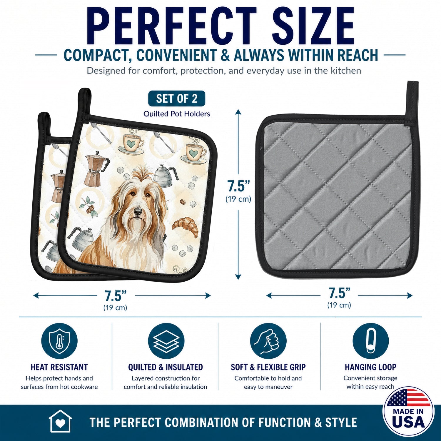 Fawn Bearded Collie Coffee Bar Pot Holder Set of 2 Heat Resistant Quilted Hot Pads 7.5 x 7.5 Inch, Insulated Kitchen Trivets for Cooking & Baking
