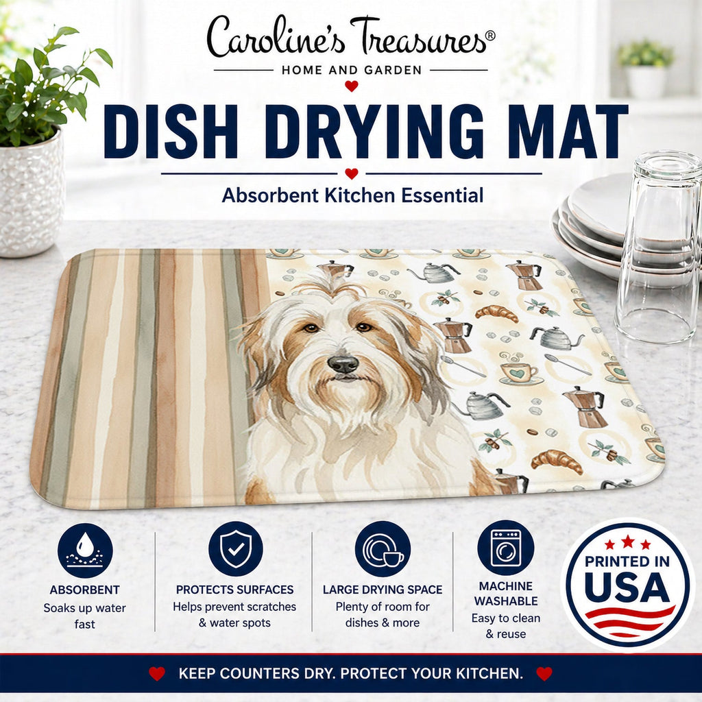 White and Tan Bearded Collie Coffee Bar Dish Drying Mat Absorbent Dish Drying Mat Pad for Kitchen Counter Dish Drainer Mat for Countertop, 14 x 21", Multicolor