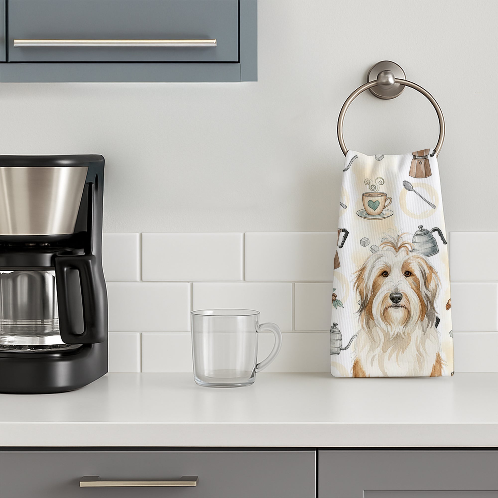White and Tan Bearded Collie Coffee Bar Kitchen Towel Velour Plush Front and Cotton Loop Back Machine Washable