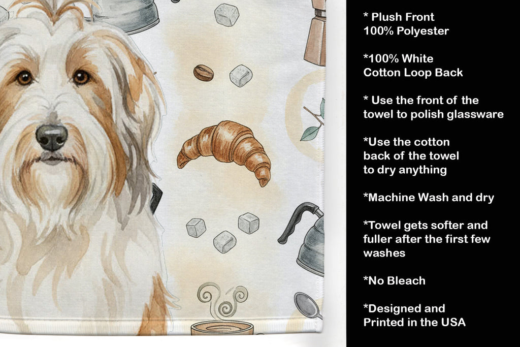 White and Tan Bearded Collie Coffee Bar Kitchen Towel Velour Plush Front and Cotton Loop Back Machine Washable