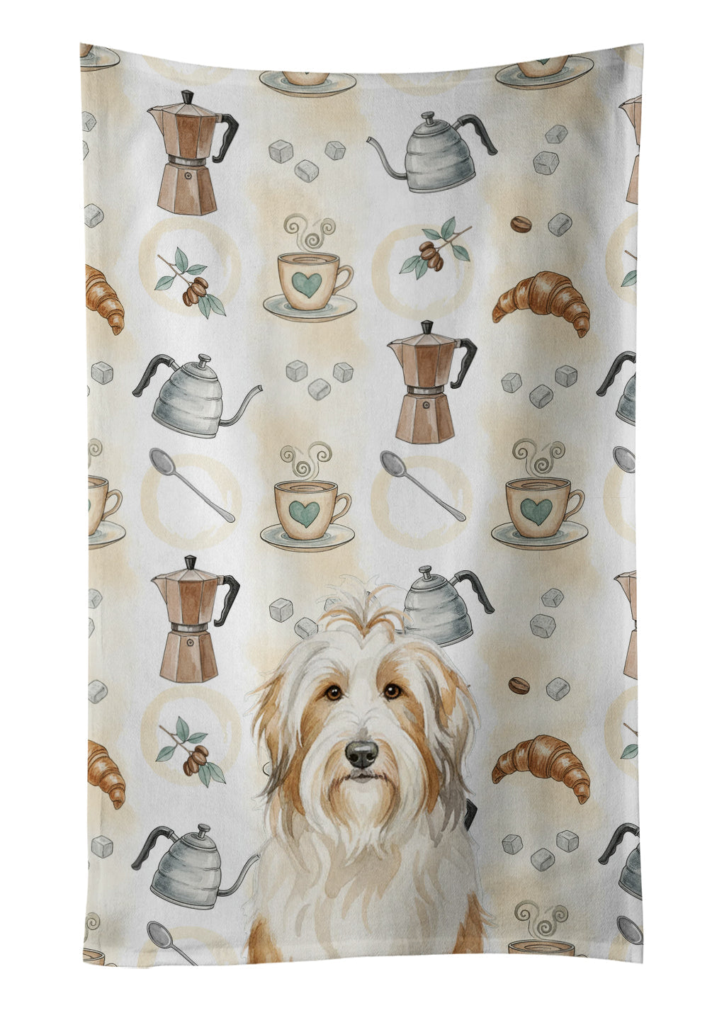 White and Tan Bearded Collie Coffee Bar Kitchen Towel Velour Plush Front and Cotton Loop Back Machine Washable