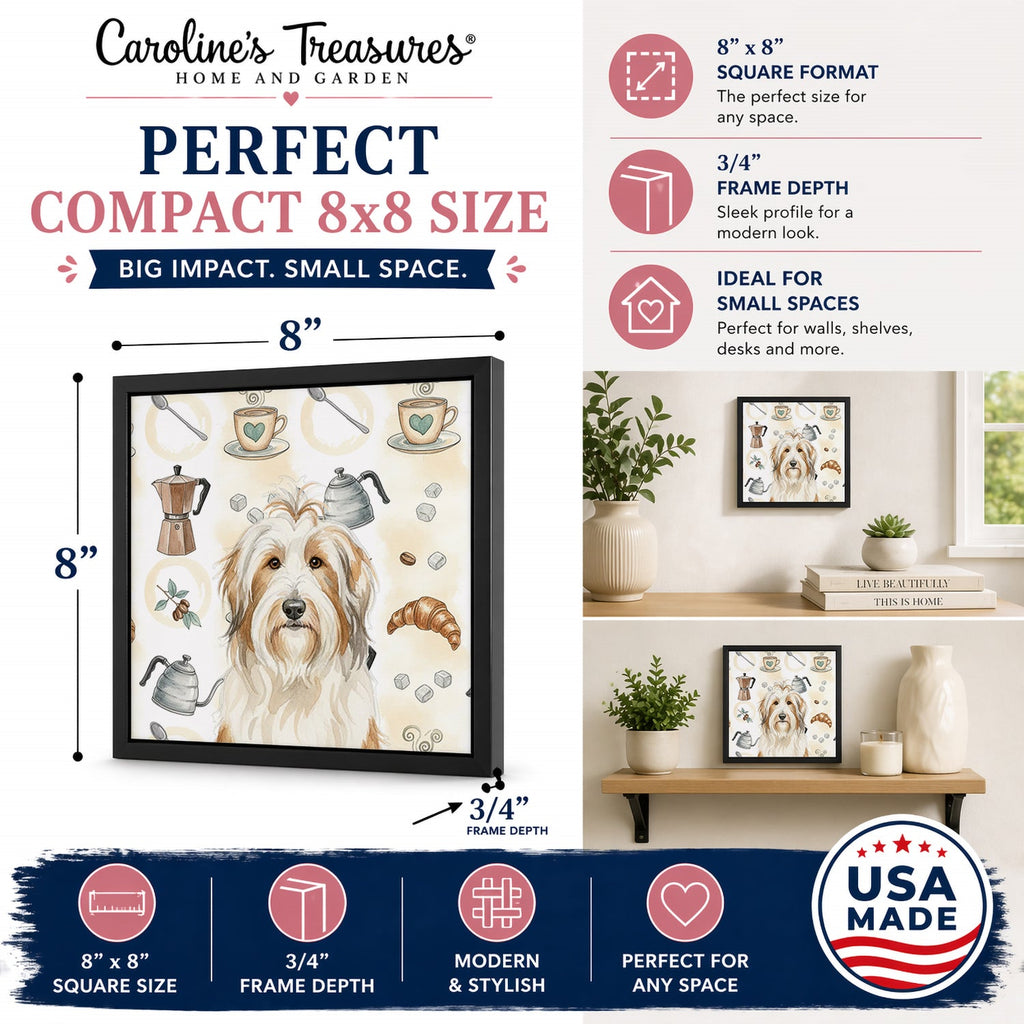 White and Tan Bearded Collie Coffee Bar Framed Metal Print Bathroom, Kitchen, Office, Home Decor Wall Art Ready to Hang, Square, 8X8