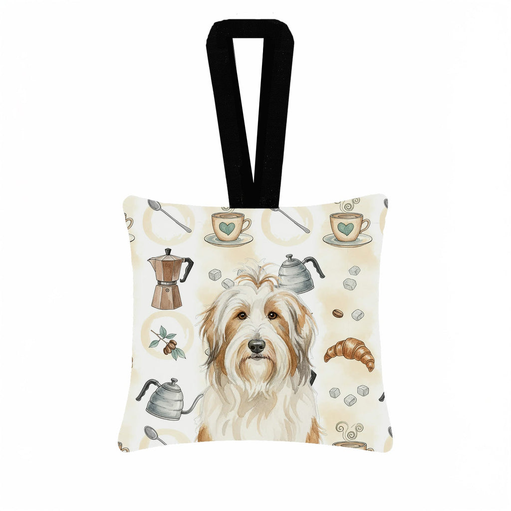 White and Tan Bearded Collie Coffee Bar Hanging Square Fabric Ornament 3.5 � 3.5 Decorative Door-Knob & Tree Hanger, Soft Fabric