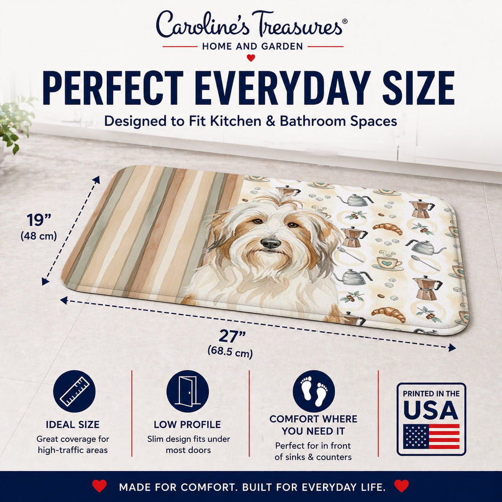 White and Tan Bearded Collie Coffee Bar Memory Foam Kitchen Mat Machine Washable Anti-Fatigue Cushion Comfort Bath or Kitchen Rug
