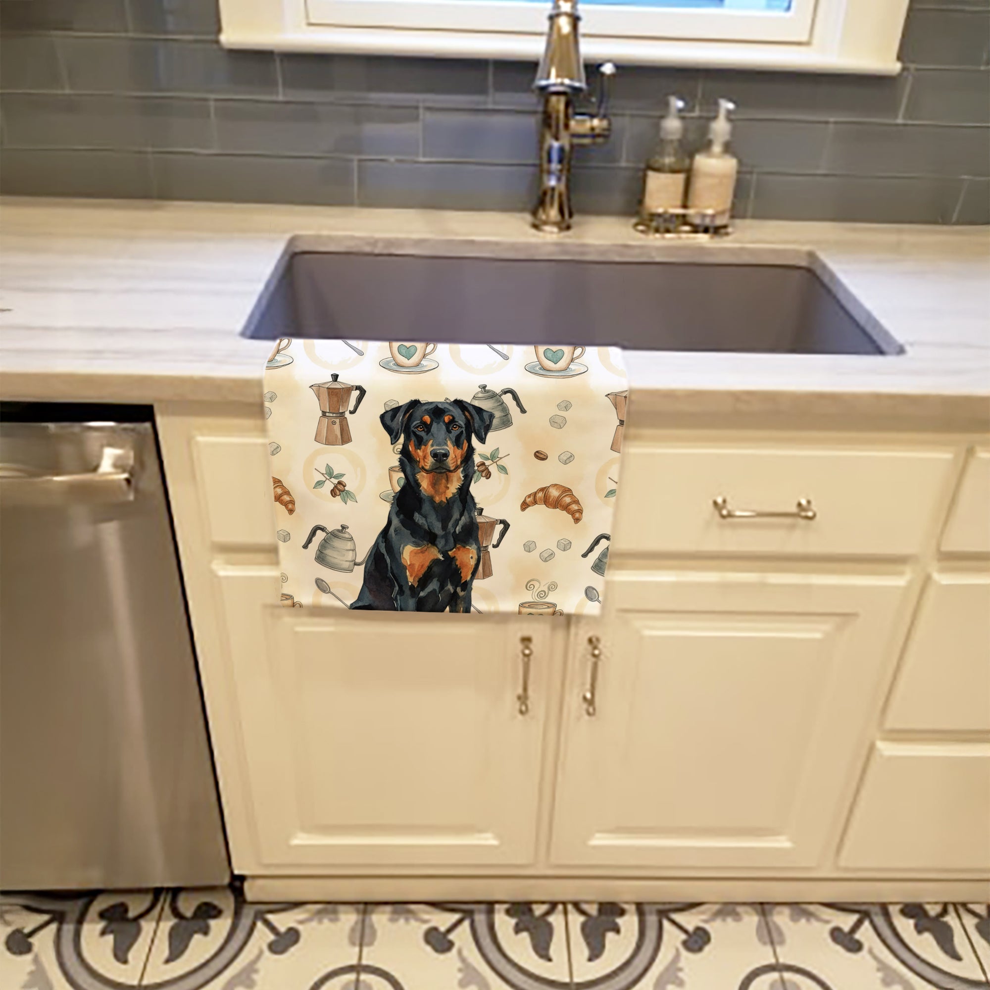 Beauceron Coffee Bar Kitchen Towel Velour Plush Front and Cotton Loop Back Machine Washable