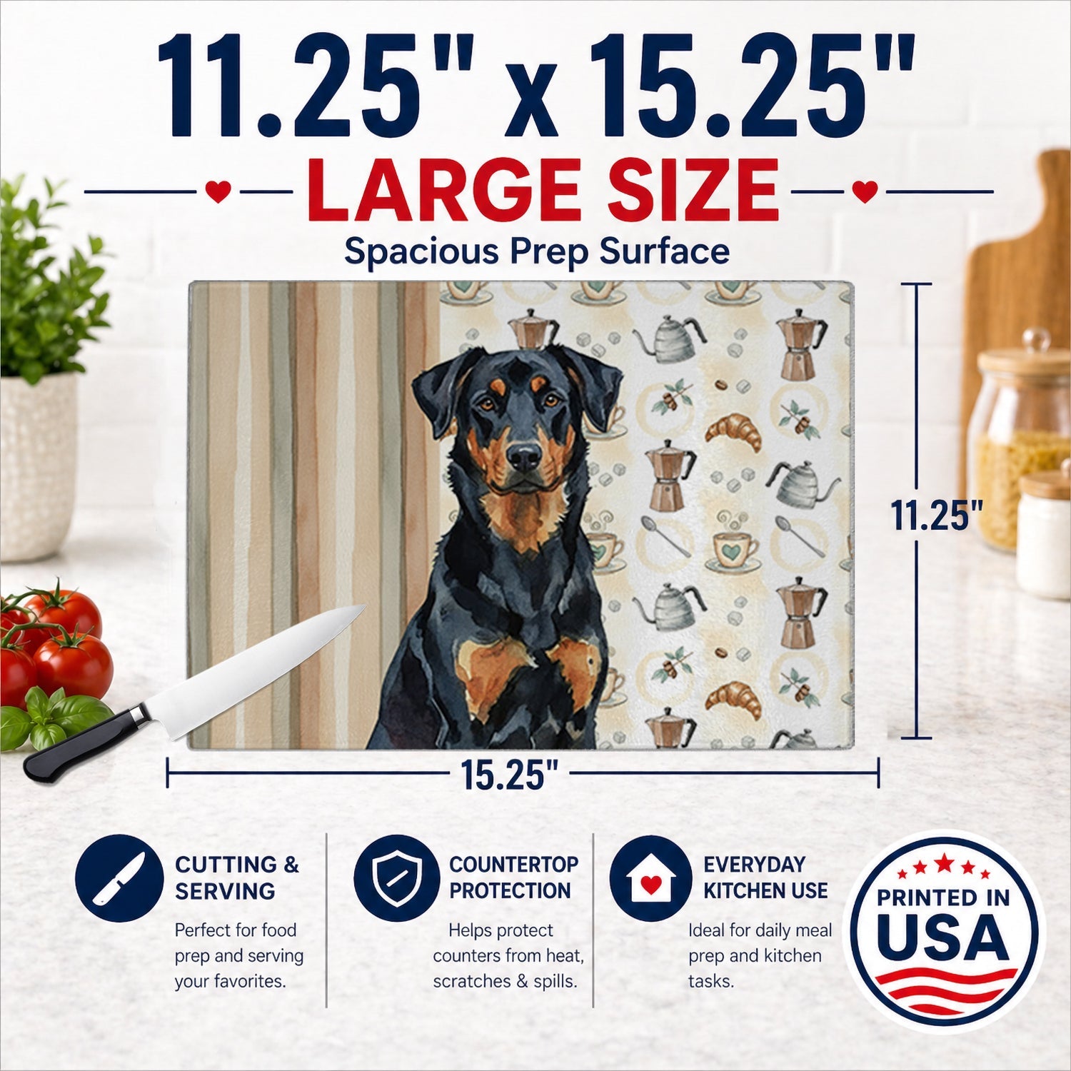Beauceron Coffee Bar Cutting Board Tempered Glass Kitchen Cutting Surface, Heat Resistant Chopping, Non-Slip Feet, Food Prep & Serving