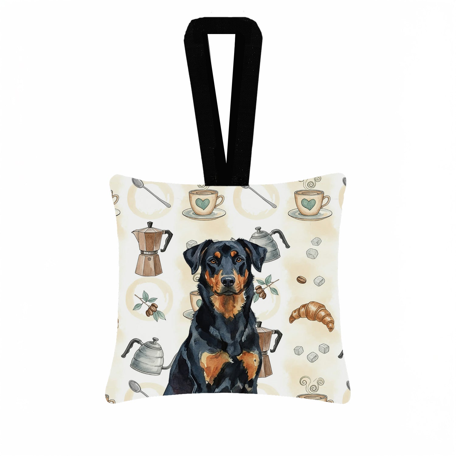 Beauceron Coffee Bar Hanging Square Fabric Ornament 3.5 � 3.5 Decorative Door-Knob & Tree Hanger, Soft Fabric